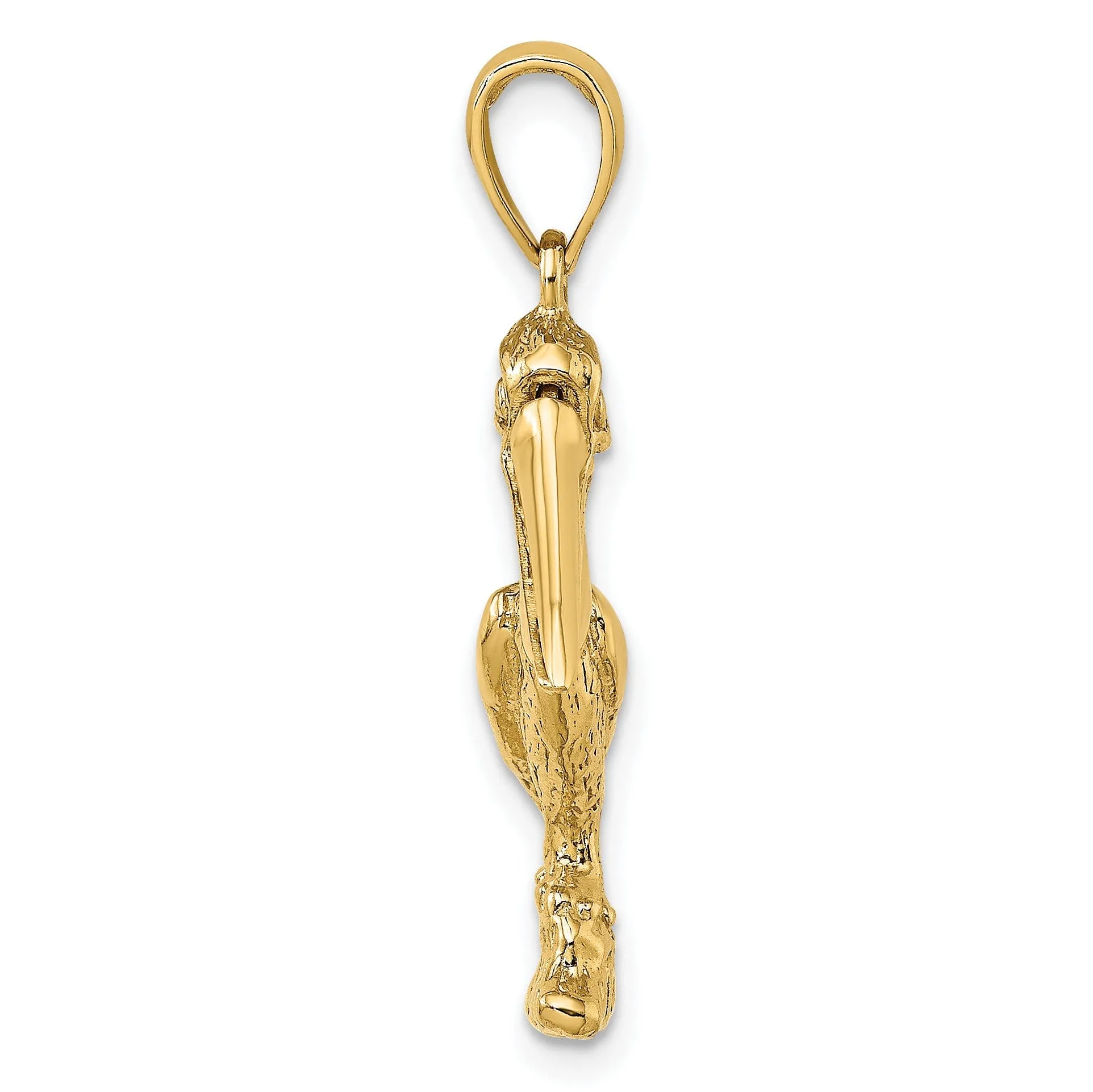 14K Yellow Gold Polished Textured Finish 3-Dimensional Large Size Standing on Piling Pelican with Moveable Mouth Charm Pendant