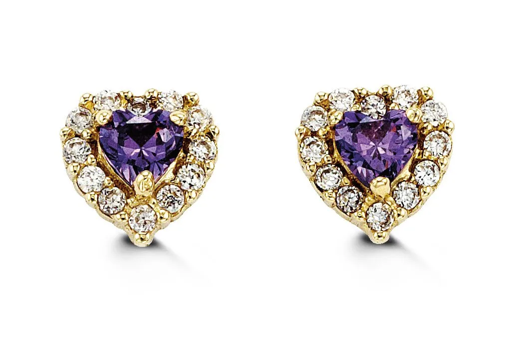 14K Yellow Gold Purple Cubic Zirconia Heart Kid's Stud Earrings