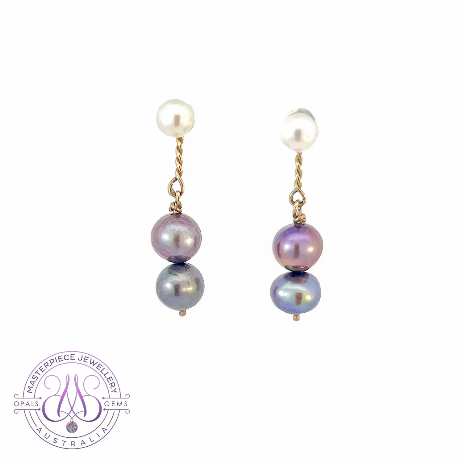 14kt White and Yellow Gold dangling White and Black Pearl earrings