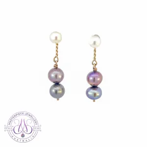 14kt White and Yellow Gold dangling White and Black Pearl earrings