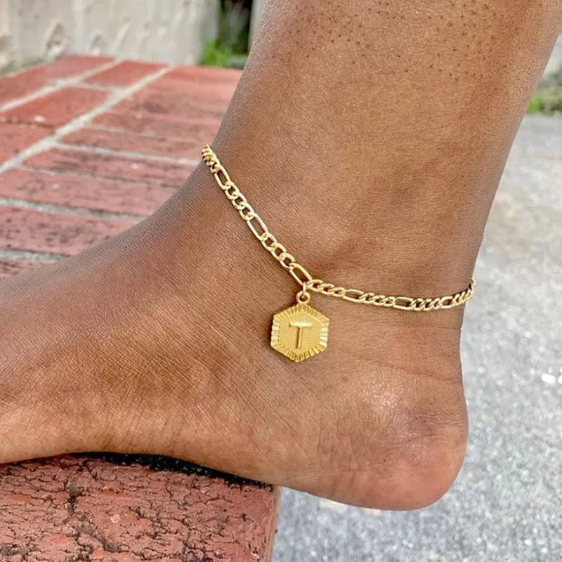 A-Z Initial Letter Anklets For Women Stainless Steel Anklet  21cm   10cm Figaro Chain Summer Beach Accessories Jewelry Gift