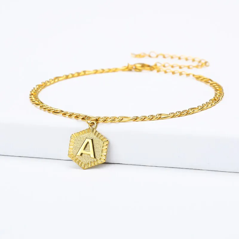 A-Z Initial Letter Anklets For Women Stainless Steel Anklet  21cm   10cm Figaro Chain Summer Beach Accessories Jewelry Gift