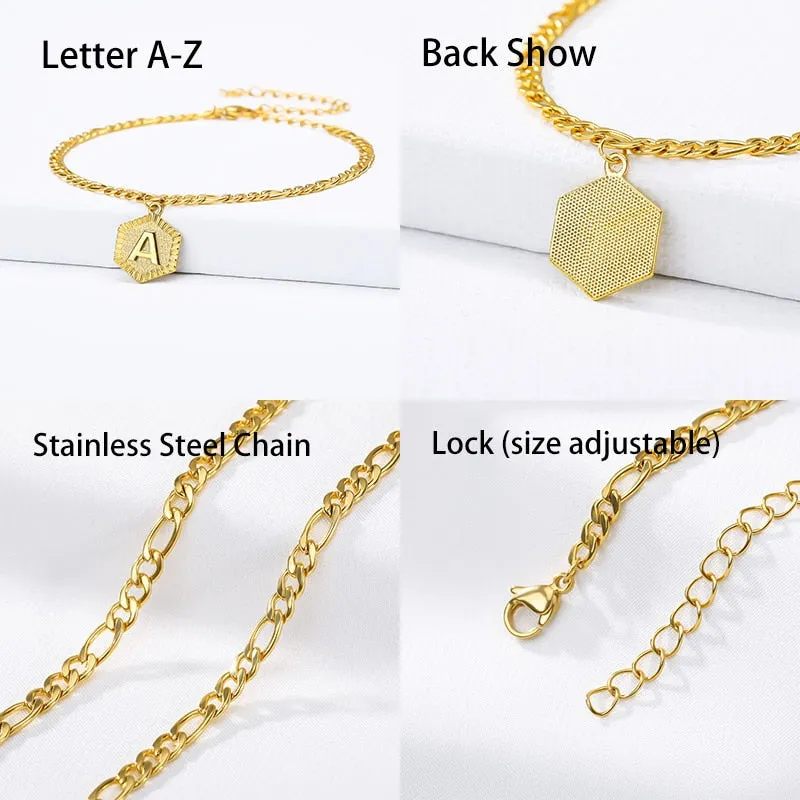 A-Z Initial Letter Anklets For Women Stainless Steel Anklet  21cm   10cm Figaro Chain Summer Beach Accessories Jewelry Gift