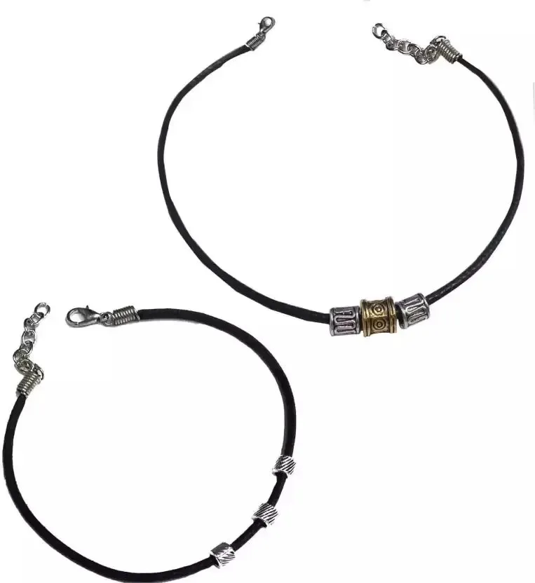 Black Thread ANKLET with Attached 3 Carving Square Metal Beads Cotton Dori Anklet (Pack of 2)