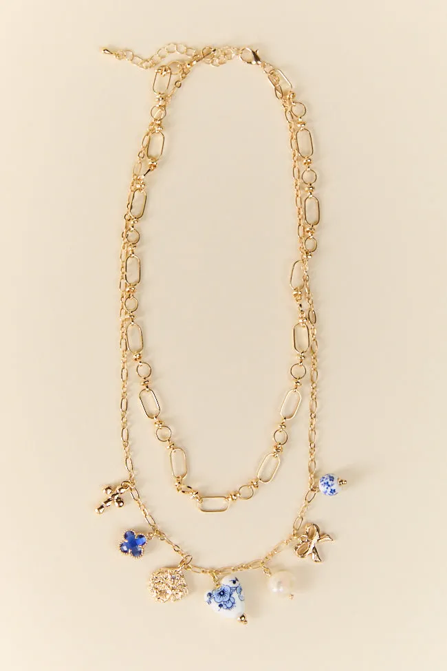 Blue Layered Ceramic Pearl Charm Necklace