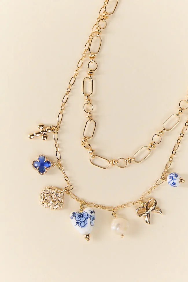 Blue Layered Ceramic Pearl Charm Necklace