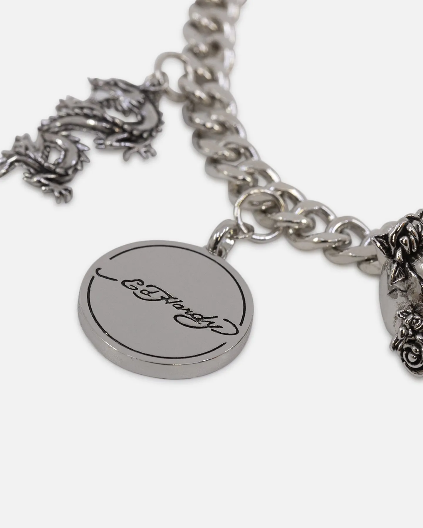 Ed Hardy Multi Charm Cuban Chain Bracelet Silver