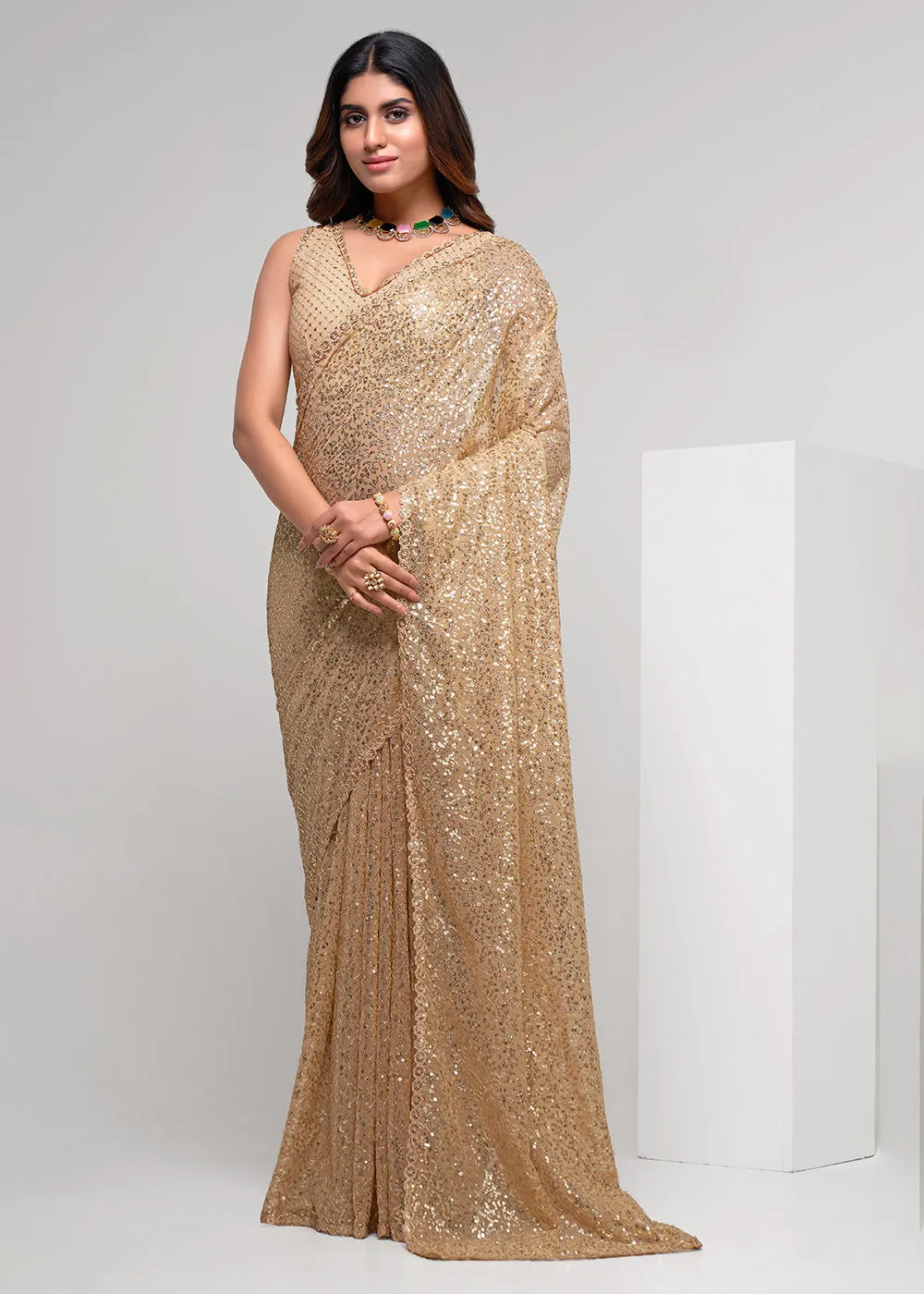 Gold Beige Thread & Multi Sequins Work Party Wear Saree