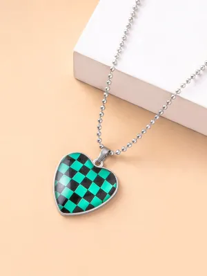 Green Plaid Pattern Heart Charm Necklace Jewelry for Women Gift for Her Necklace