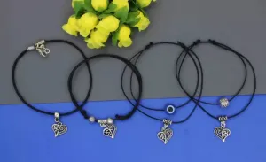 Gurjari Jewellers Black Thread Anklet with Heart Oxidised Hanging Cotton Dori Anklet (Pack of 4)