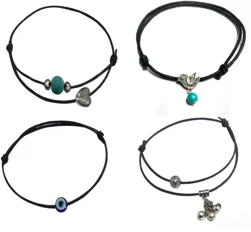 Gurjari Jewellers New Best Design SILVER LOOK Anklet with 4 diferent shape set 54 Cotton Dori Anklet (Pack of 4)
