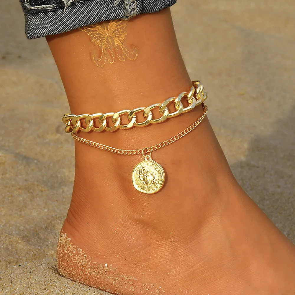 Han Fan Casual Unisex Style Portrait Alloy Pendant Anklet