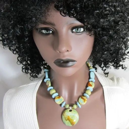 Handmade Fair Trade Kazuri Necklace Turquoise & Green Beads