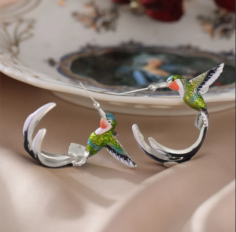 Humming Bird Silver Feather Multicolor Stud Earrings JLT12779