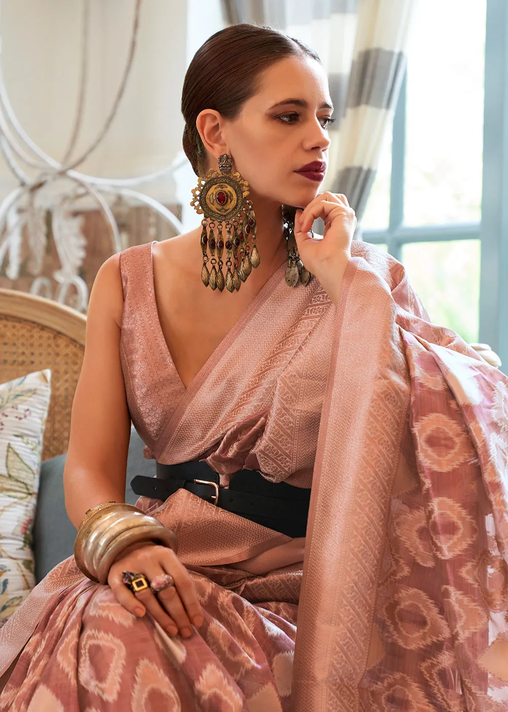 Kalki Koechlin Cantaloupe Peach Handloom Zari Silk Saree