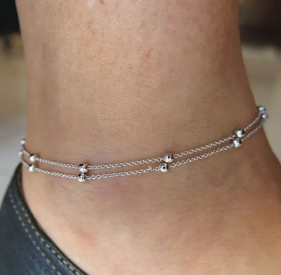 MissCyCy 2016 New Fashion Foot Jewelry Punk Style Gold/Silver Color Double Bead Chain Ankle Bracelets For Women