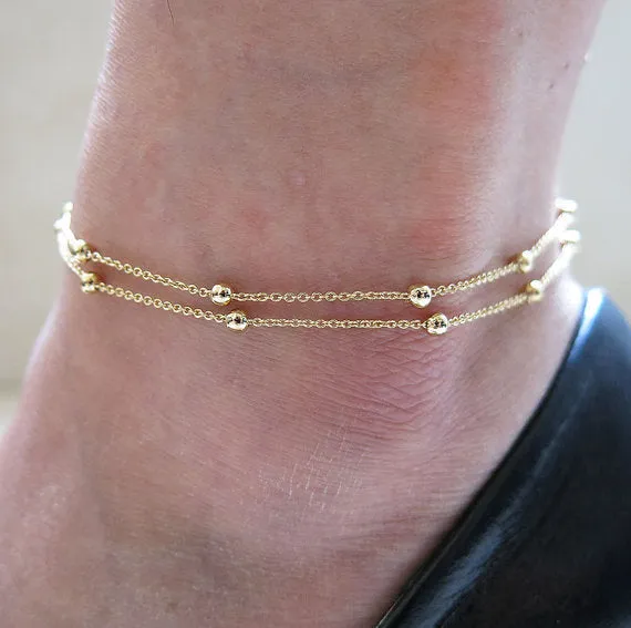 MissCyCy 2016 New Fashion Foot Jewelry Punk Style Gold/Silver Color Double Bead Chain Ankle Bracelets For Women