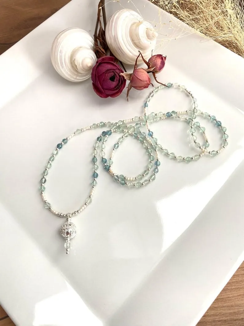 Natural blue-green fluorite 4-5mm 108 Mala Beads, Spiritual, Meditation Beads, Reiki, Japa Mala, Buddhist Prayer Beads, Yoga Bracelet, healing beads LKMALA-RRGU-3444