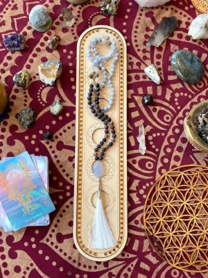 Natural Lepidolite,Blue Lace Agate,Selenite 8mm 108 Mala Beads, Spiritual, Meditation Beads, Reiki, Japa Mala, Buddhist Prayer Beads, Yoga Bracelet, healing beads LKMALA-RRGU-3944