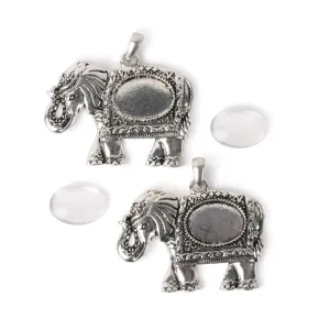 Picture Frame Pendants - Elephant Design, for 18mm x 13mm Oval Pictures - Set of Two
