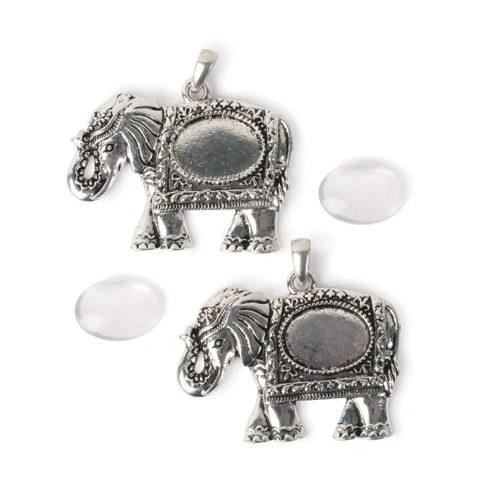 Picture Frame Pendants - Elephant Design, for 18mm x 13mm Oval Pictures - Set of Two