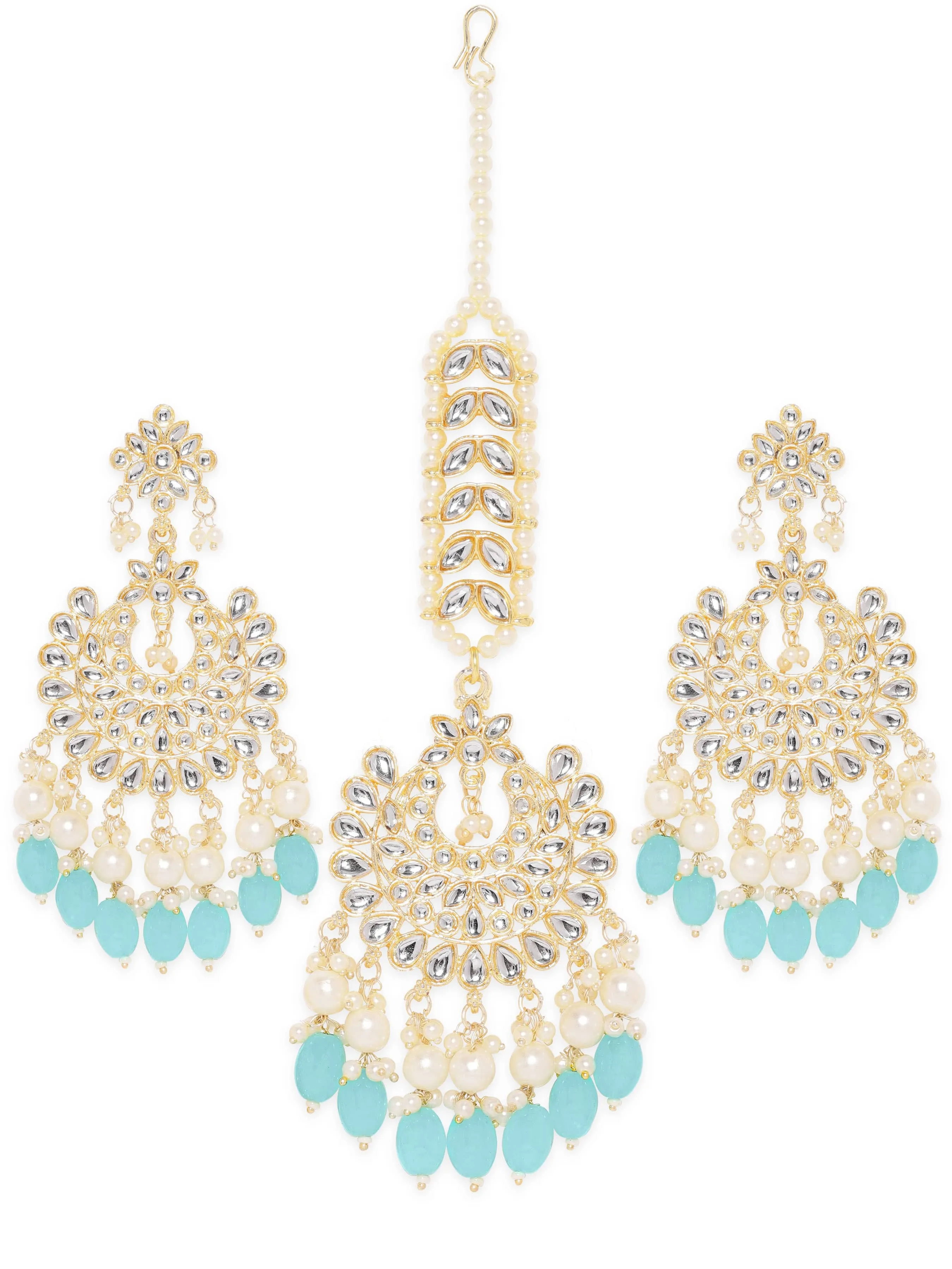 Rubans Royal Splendor 22K Gold Plated Kundan maangtikka & earring set with Pearl Beaded Accents