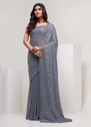 Slate Grey Thread & Multi Sequins Work Party Wear Saree