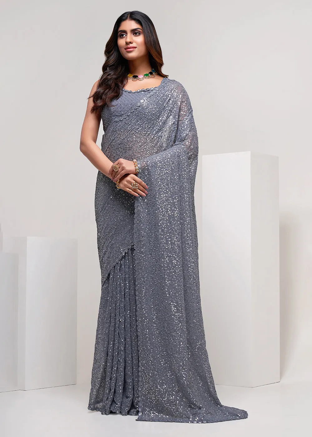 Slate Grey Thread & Multi Sequins Work Party Wear Saree
