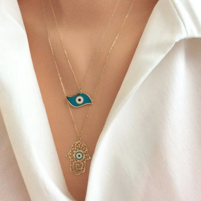 Solid Gold 18K Dainty Minimalist Enamel Hamsa Necklace 20Inches Long