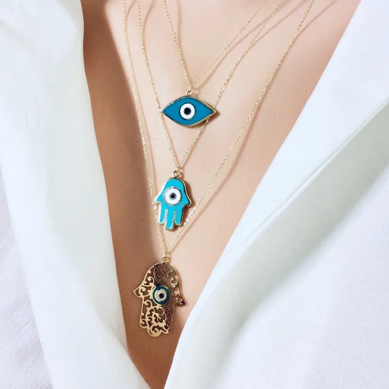 Solid Gold 18K Dainty Minimalist Enamel Hamsa Necklace 20Inches Long