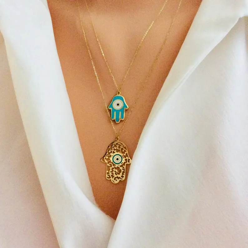 Solid Gold 18K Dainty Minimalist Enamel Hamsa Necklace 20Inches Long