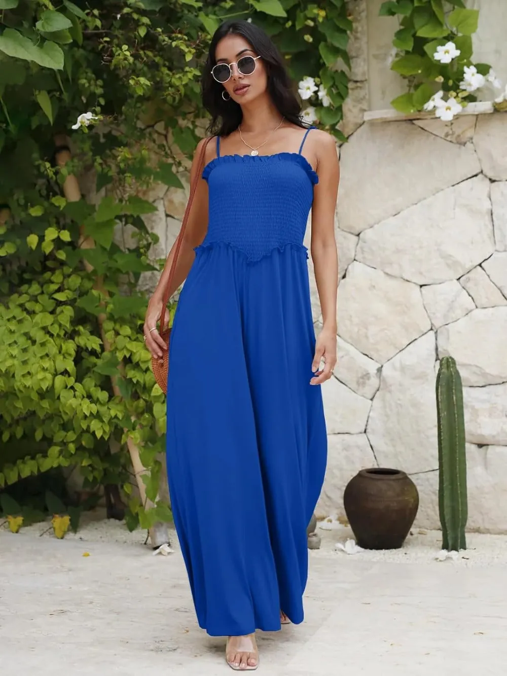 Square Neck Spaghetti Strap Wide Leg Jumpsuit with Pockets