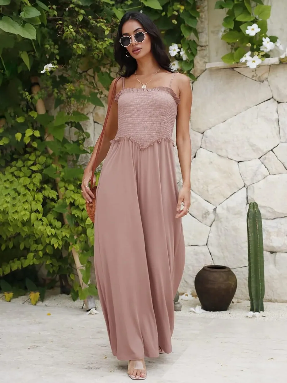 Square Neck Spaghetti Strap Wide Leg Jumpsuit with Pockets