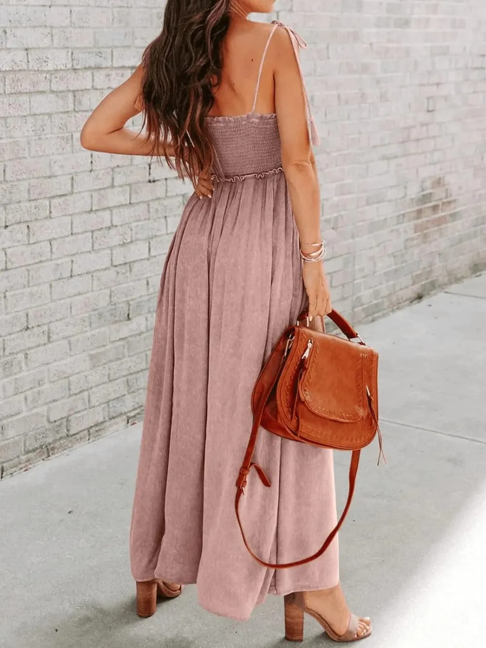 Square Neck Spaghetti Strap Wide Leg Jumpsuit with Pockets