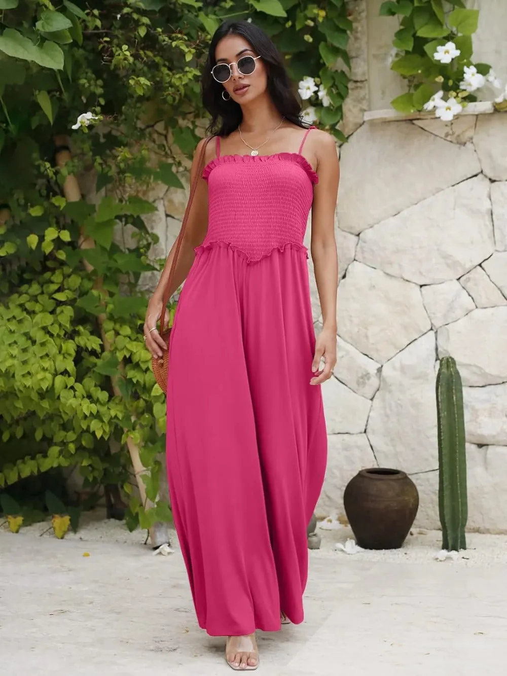 Square Neck Spaghetti Strap Wide Leg Jumpsuit with Pockets