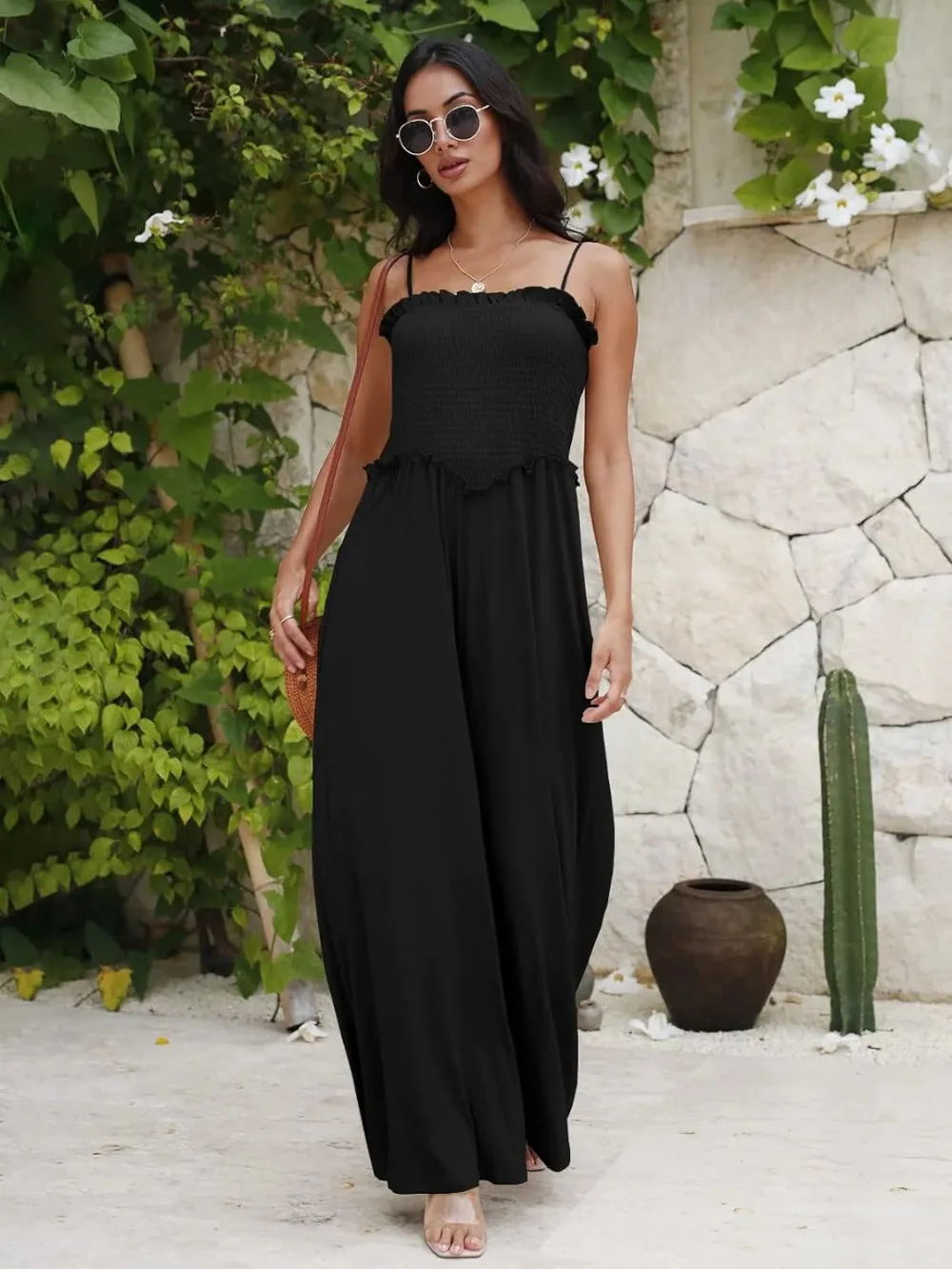Square Neck Spaghetti Strap Wide Leg Jumpsuit with Pockets