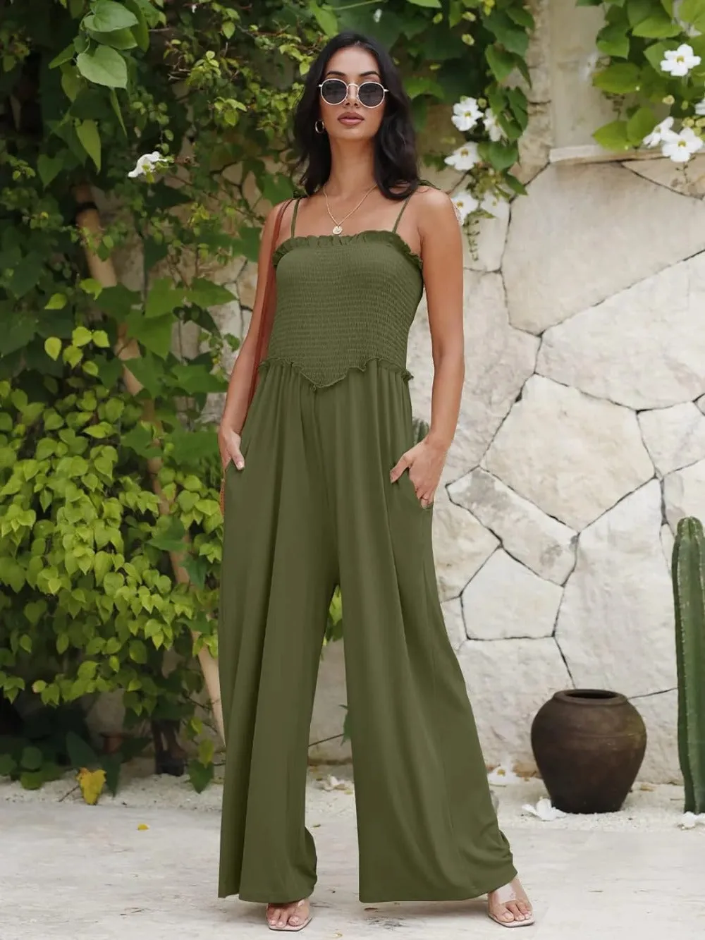 Square Neck Spaghetti Strap Wide Leg Jumpsuit with Pockets