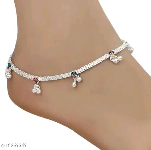 Stylish Alloy Metal Silver-Plated Anklet for Women with Artificial Stones