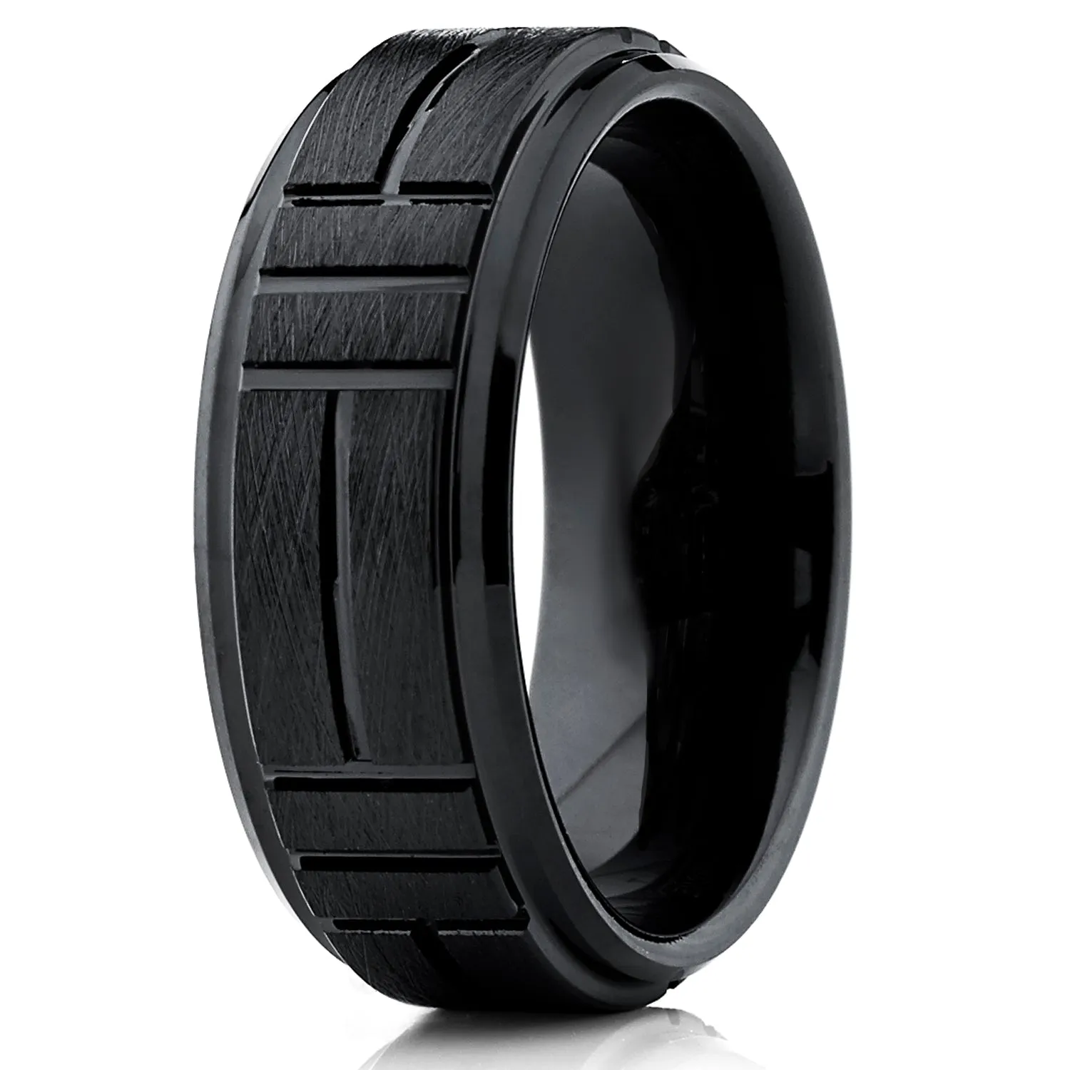 Tungsten Carbide Men's Black Textured Brushed Grooved Wedding Band Ring, Comfort Fit 8mm