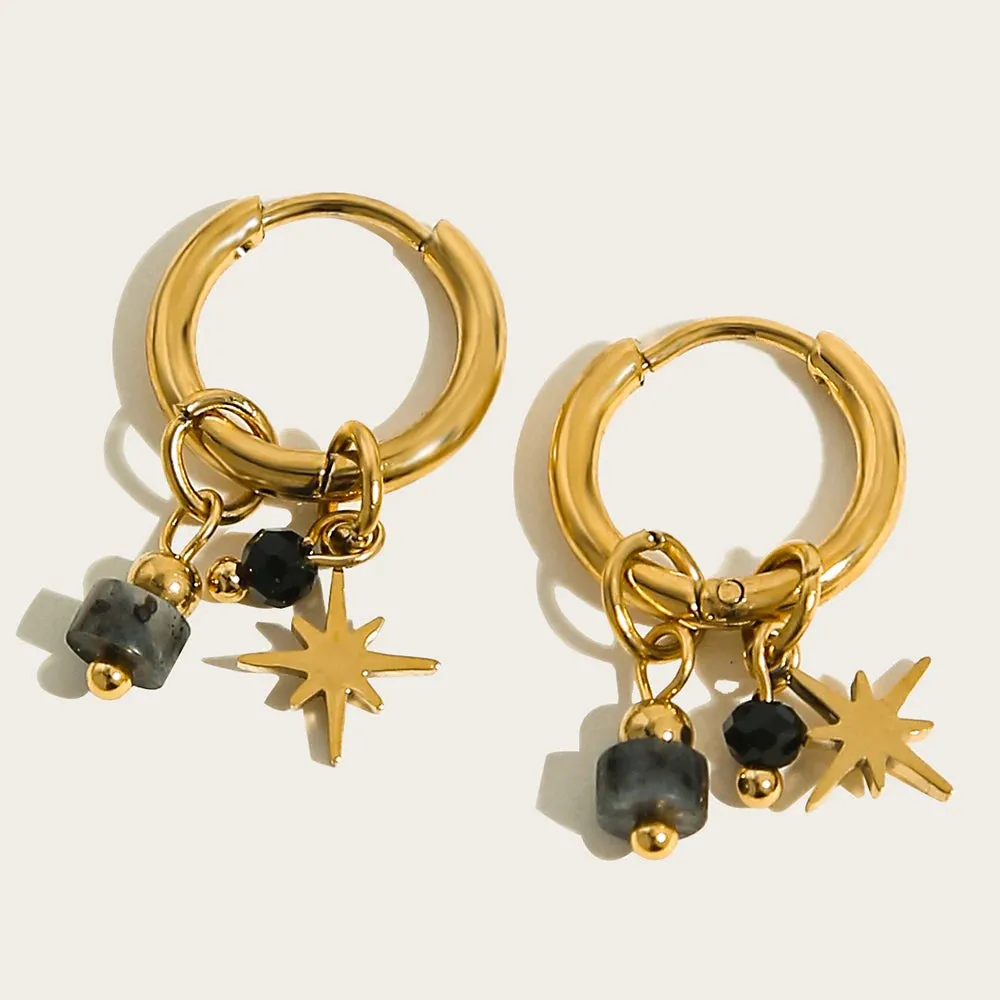 VAIGE 18K Gold Plated Stainless Steel Hoop Earrings with Natural Stone Star Charms – Trendy Aesthetic Jewelry, 22mm x 14mm